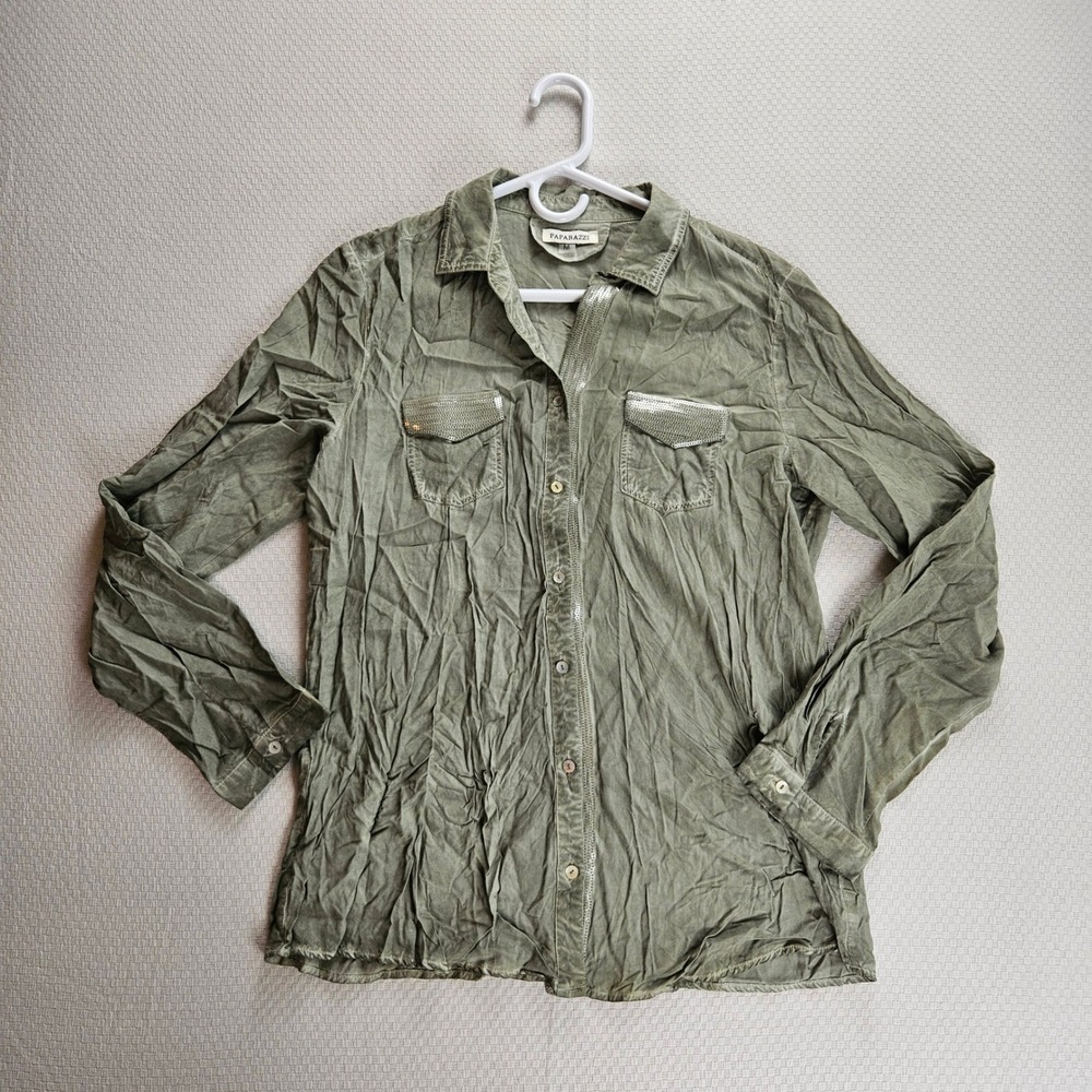 Paparazzi Olive Green Sequin Utility Button Down Shirt Size M Indie Sleaze